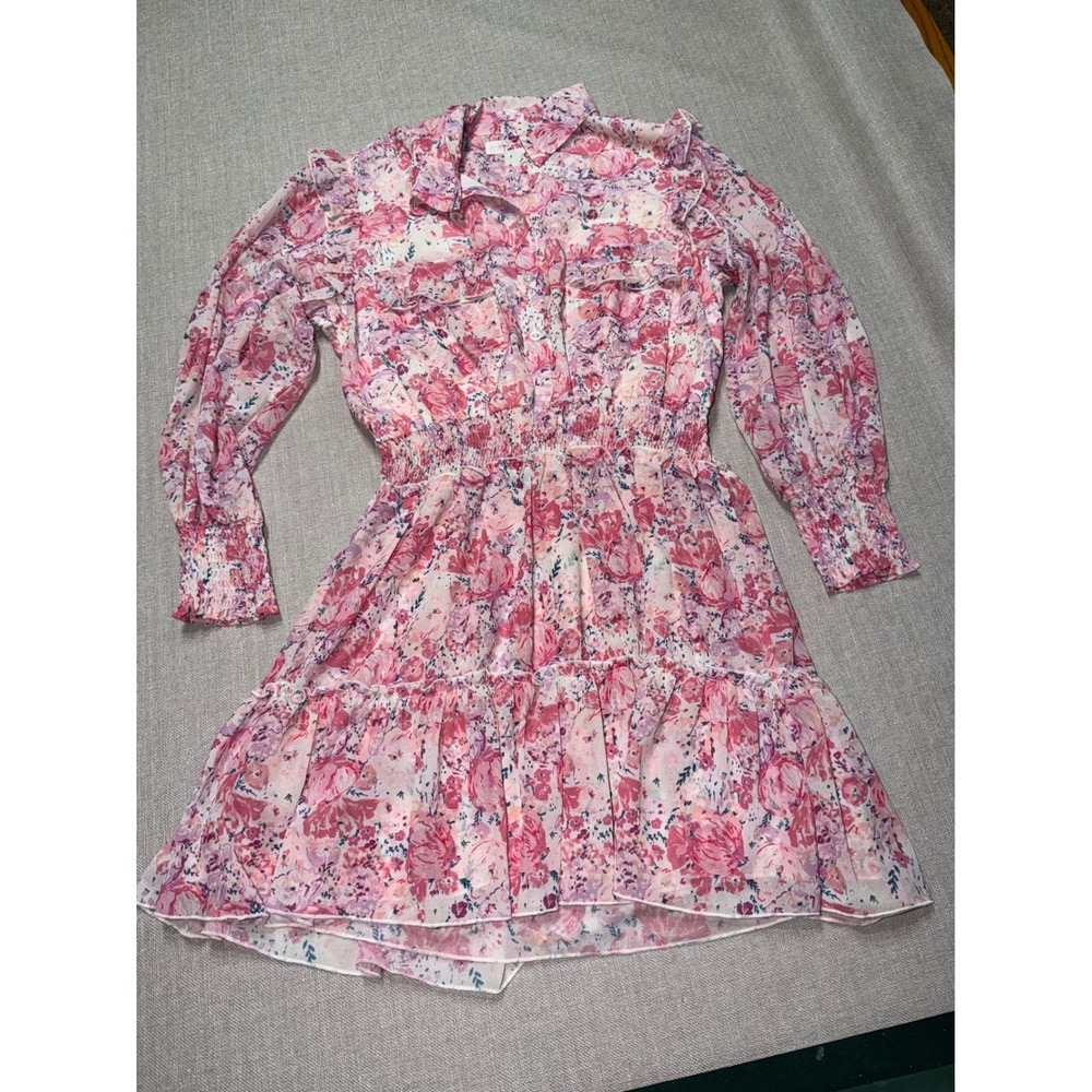 SweetHoney Pink Floral Smocked Waist Ruffle Mini Dress Womens Size Med Long Slv